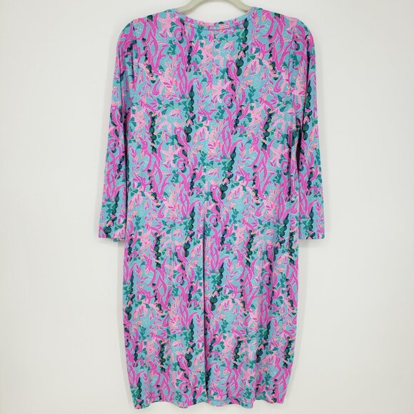 Lilly Pulitzer Tessa Shift T Shirt Dress L Seaweed Samba Cotton V Neck Pink Blue - Picture 3 of 11